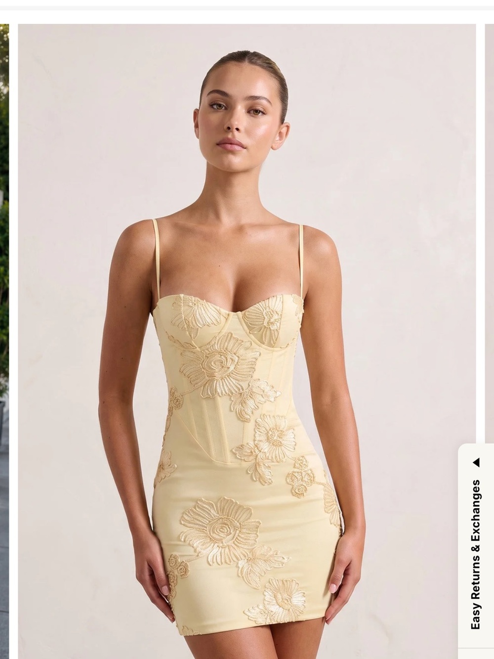 Yellow Floral Embroidered Spaghetti Strap Mini Dress